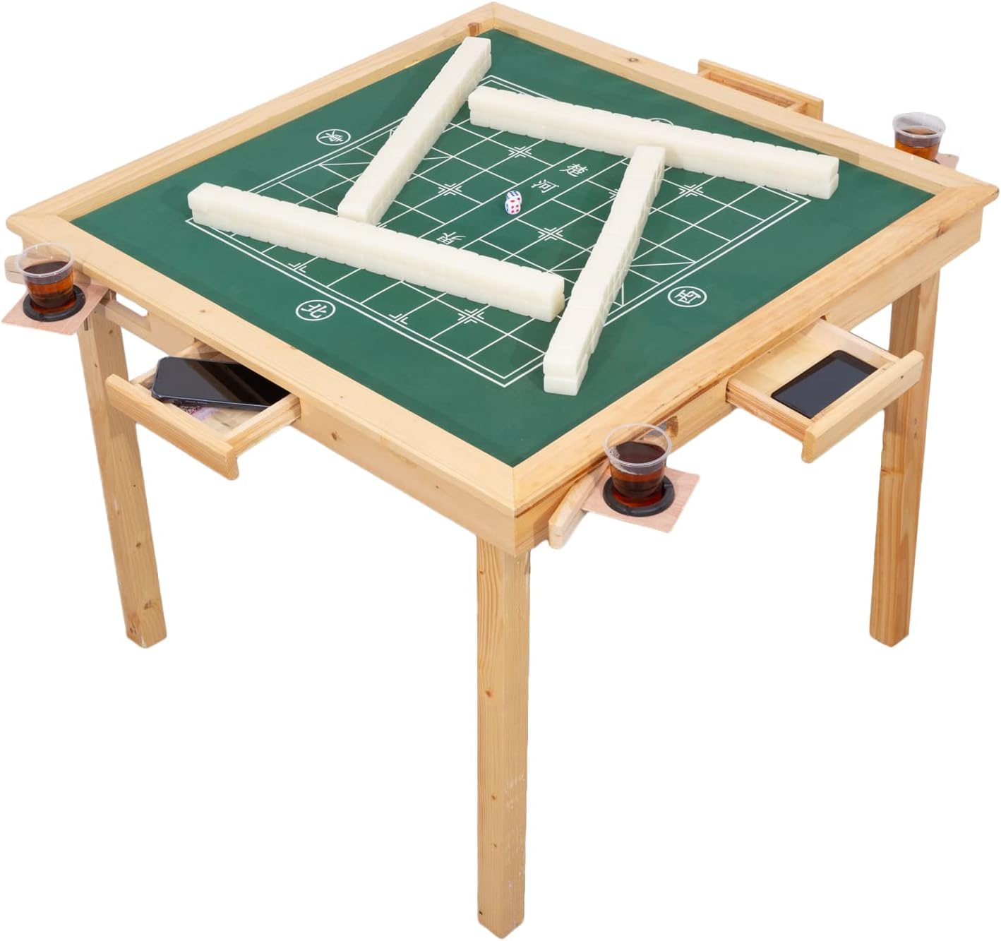 Multifunction Mahjong Table, Folding Card Table with Plush Top, Party Gathering Game Table with 4 Cup Holders & 4 Drawer, 35