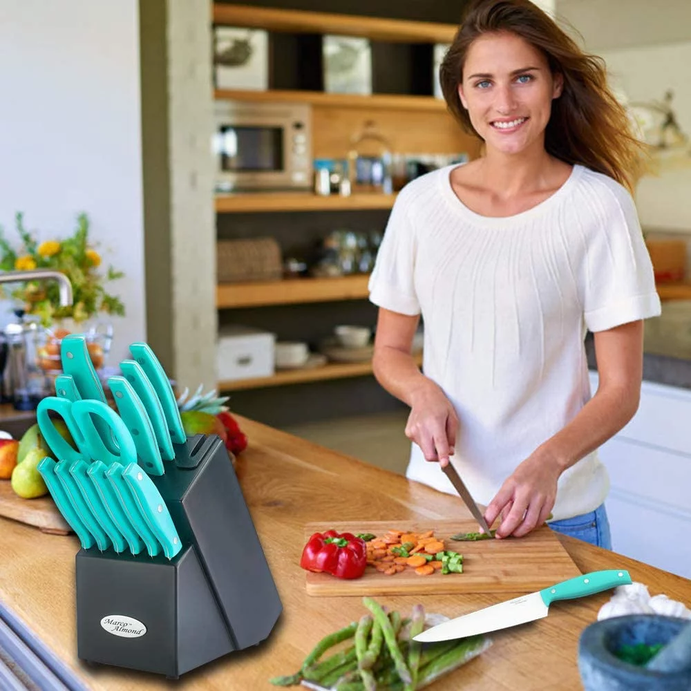 Marco Almond 14pcs Kitchen Cutlery Knife Block Set Built-in Sharpener