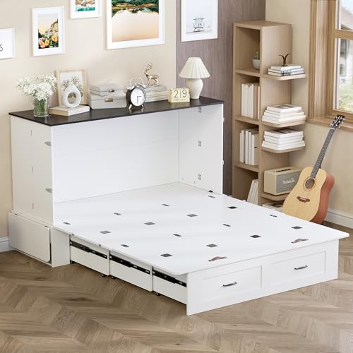PAKASEPT Murphy Bed Queen, Bed Cabinet Frame with Storage & Charging Station, Murphy Cabinet Bed with Hidden Space for Bedroom/Guest Room