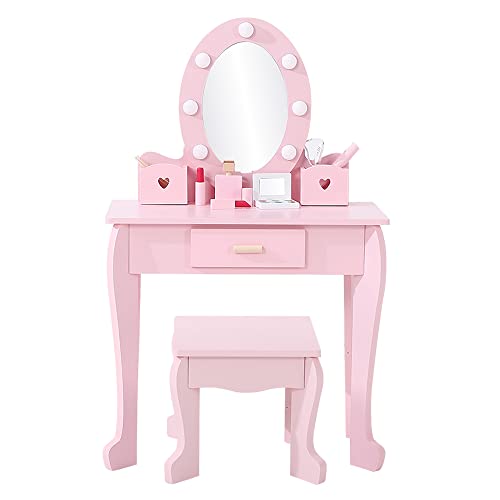 Kids Vanity Set with Mirror,Kids Vanity Table and Chair Set Girls' Makeup Dressing Table with Lights & Wood Makeup Playset for Age 4-9 Years
