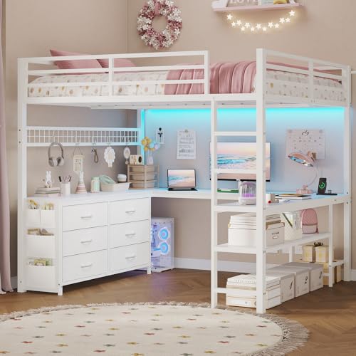 ADORNEVE Loft Bed Full Size with U-Shaped Desk, 6 Storage Drawers, Power Outlet, LED Metal Loft Bed with 2 Storage Shelves, Bed with Safety Guardrail & Ladders, No Box Spring Needed, Rustic Brown