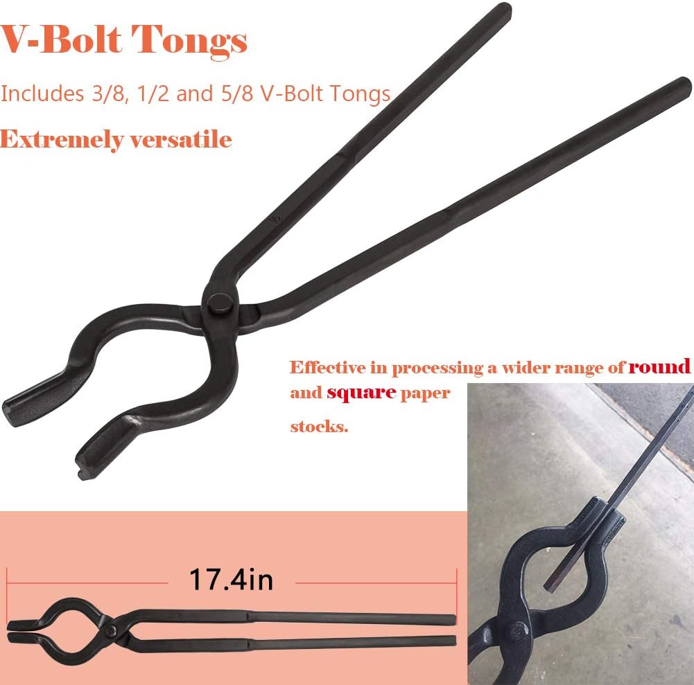 Beginner blacksmith tongs Blacksmith Forge Tongs Set Includes 3/8 1/2 5/8 V-Bit Tongs, 1/4 Flat Jaw Tongs, Pick Up Tongs, Scroll Tongs (6 Pcs)