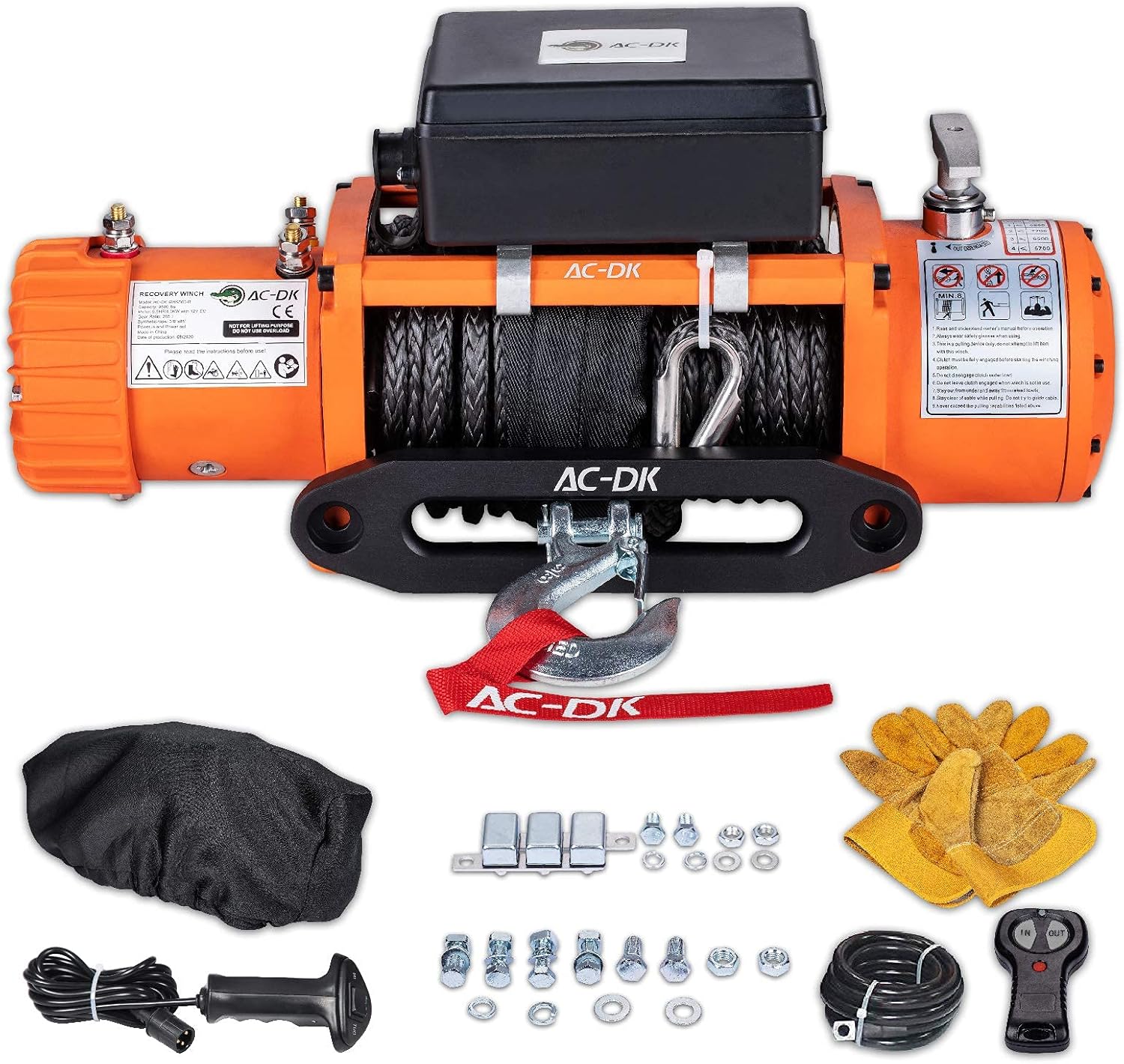 AC-DK 9500 lb. Electric Winch Synthetic Rope Kit, 12V Winch Waterproof IP67, with Wirless Remote, for Truck SUV/4WD/OFFROAD (Orange 9500 Synthetic Rope Style)