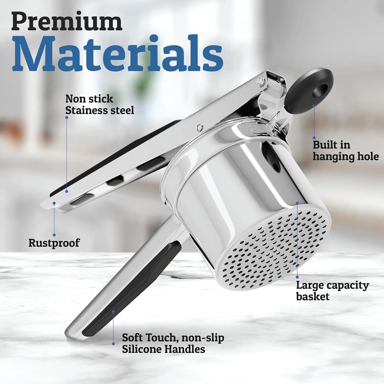 Large 15oz Potato Ricer, Heavy Duty Stainless Steel Black