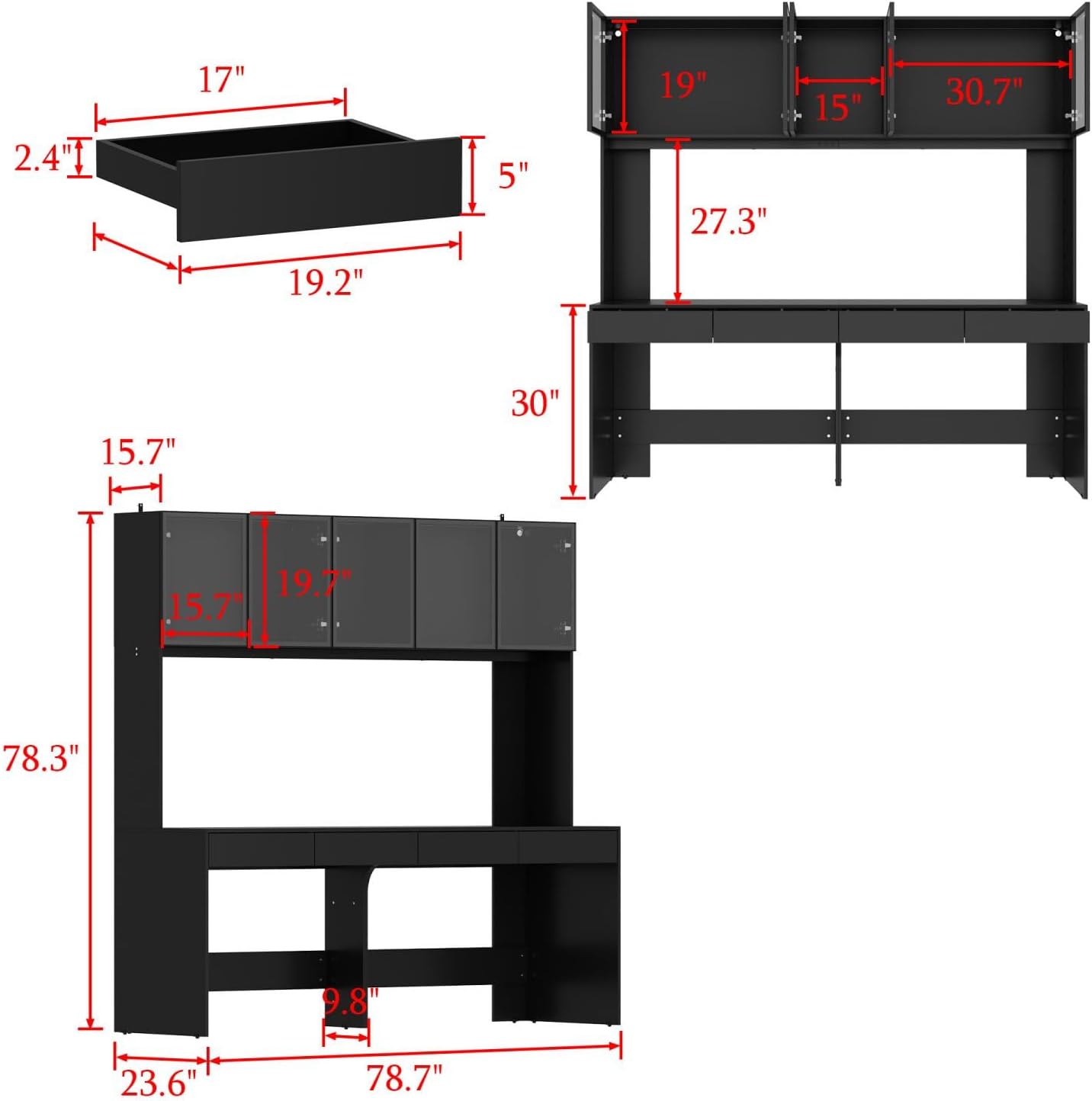 MOUMON Large Office Desk Executive Desk with Glass Doors & Lights, 2-Person Office Desk with 4 Drawers, 78.3 inch Desktop, Double Desk for Home Office Black (78.7”W x 23.6“D x 78.3”H)