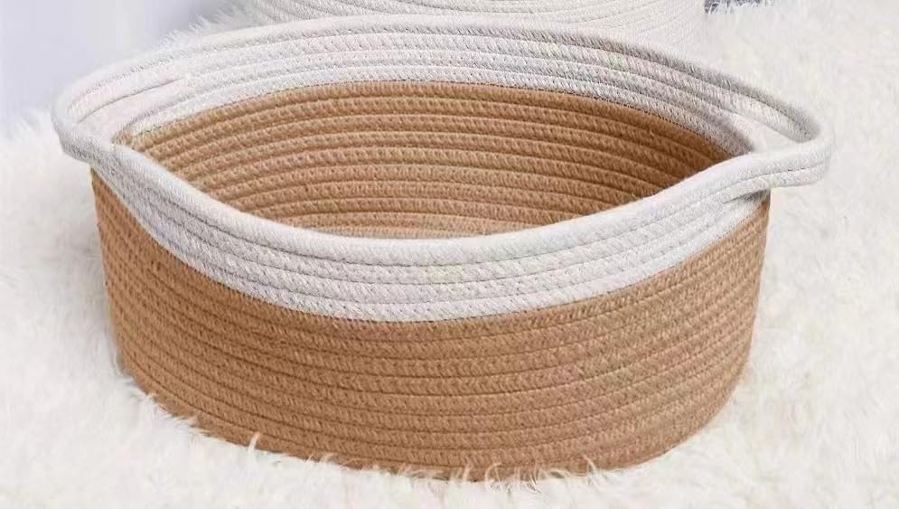 Cotton Rope Basket 12”x8”x5”, Woven Basket for Storage,Cotton Storage Basket in Living Room,Shelf Basket,Kids Toy Basket, Rope Baskets with Handles, Small Basket,Light Brown