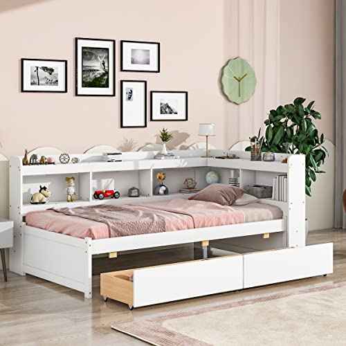 Twin Size Platform Bed with L-shaped Bookcase Headboard and 2 Storage Drawers, Pine Wood Daybed Captains Bed with Bookshelf for Kids Boys Girls, White