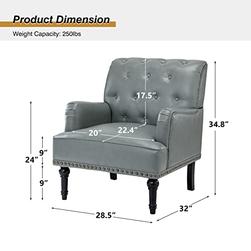 HULALA HOME Faux Leather Accent Chair with Button-Tufted Back, Comfy Upholstered Armchair with Nail Head Trim and Retro Wood Legs, Single Sofa Chair for Living Room Bedroom,SAGE