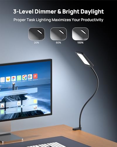 TROND LED Desk Lamp with Clamp, 1000LM Super Bright 3-Level Dimmable Desk Light 6000K Daylight, Extra-Long Flexible Gooseneck Clip on Light, Eye-Care Clamp Lamp for Painting, Workbench,Reading, Sewing