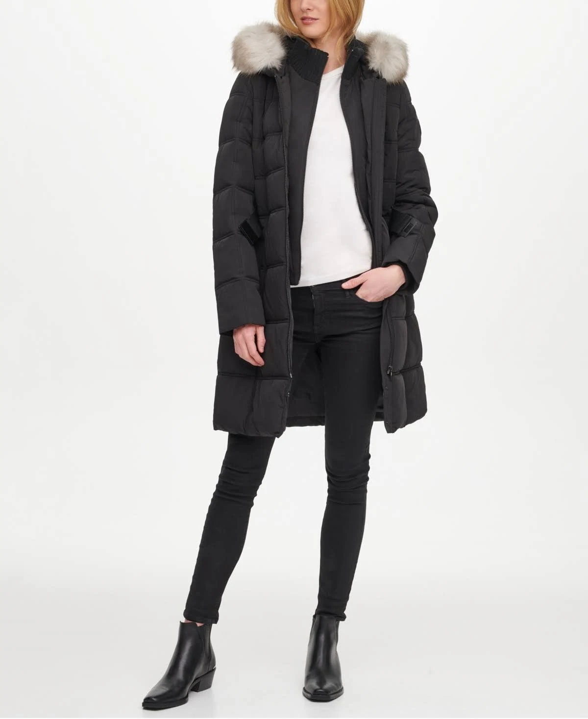 Dkny Belted Faux-Fur-Trim Hooded Puffer Coat - Black