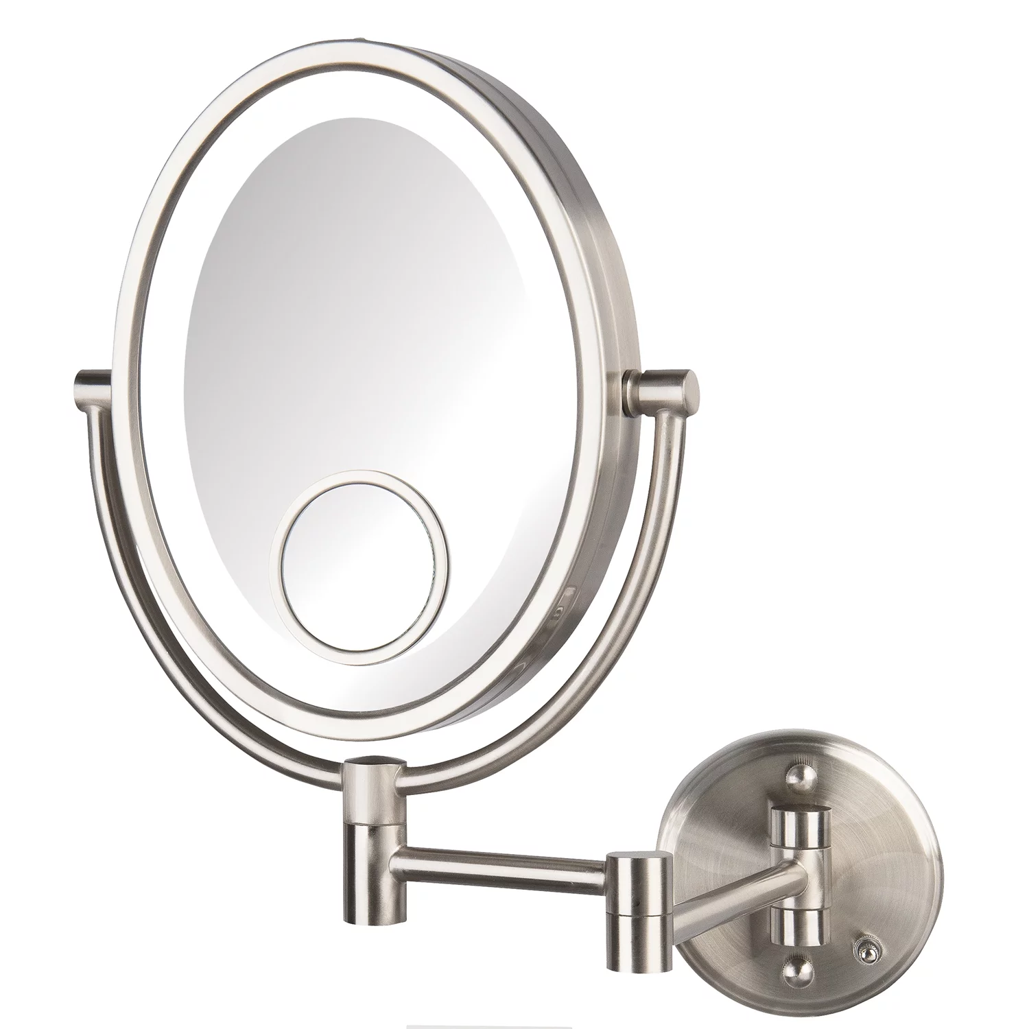 Jerdon 8 inch by 10 inch Oval Wall-Mounted Lighted Makeup Mirror with 10X-1X and 15X Spot Magnification, Nickel Finish, Direct Wire -Model HL9515NLD