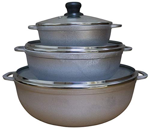 IMUSA USA Traditional Colombian Natural Caldero Glass Lid & Steam Vent 3-Piece (1.4/3.4/6.6) Quart, Silver (Dutch Oven Set) & GAU-80503 2.6Qt Traditional Colombian Caldero (Dutch Oven), Silver