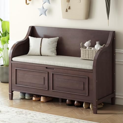 P PURLOVE 42 Inch Rustic Style Storage Bench with Safety Hinge,Solid Wood Entryway Multifunctional Storage Bench Shoe Bench with Removable Cushion for Living Room,Bedroom