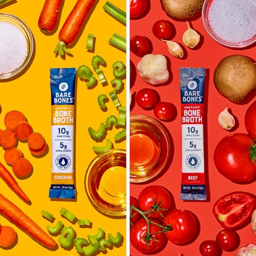 Bare Bones Bone Broth Instant Powdered Beverage Mix, Chicken & Beef, Variety Pack of 32, 16 Chicken & 16 Beef - 15g Sticks, 10g Protein, Keto & Paleo Friendly