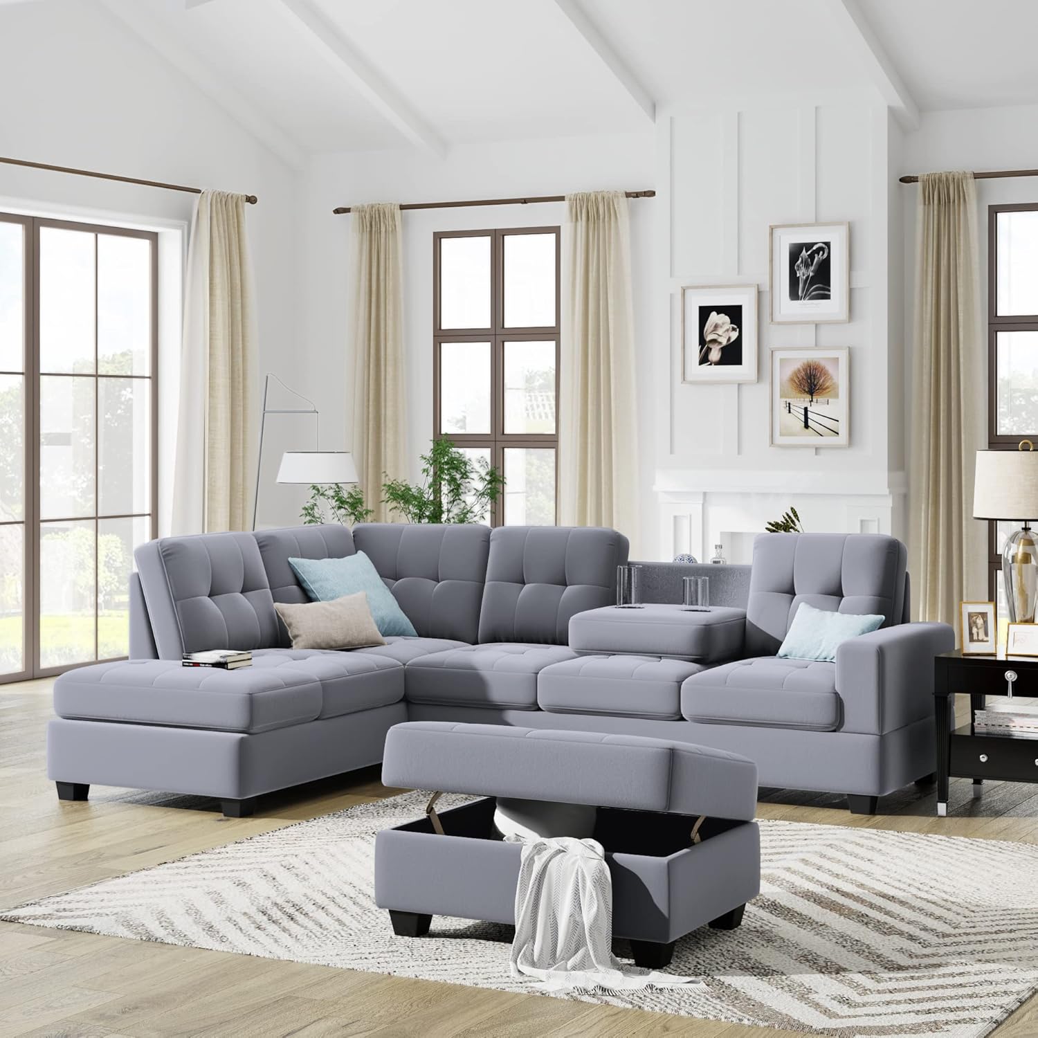 Linen Upholstered Sofa Set with Reversible Sectional Chaise, L Shaped Couch Foldable with 2 Cup Holders, Ottoman with Storage, for Living Room, Guest Room, Home Theater, Office, Light Gray
