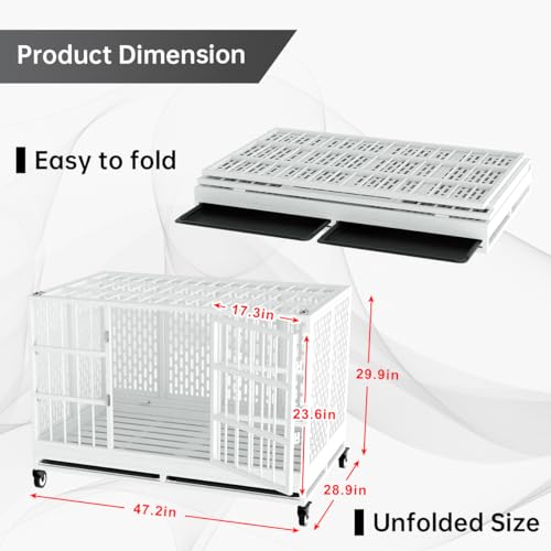 48 Inch Heavy Duty Dog Crate with Wheels, Folding Metal Big Dog Cage for Large and Medium Dogs, Extra Large XL XXL Indestructible Dog Crate with Removable Tray.