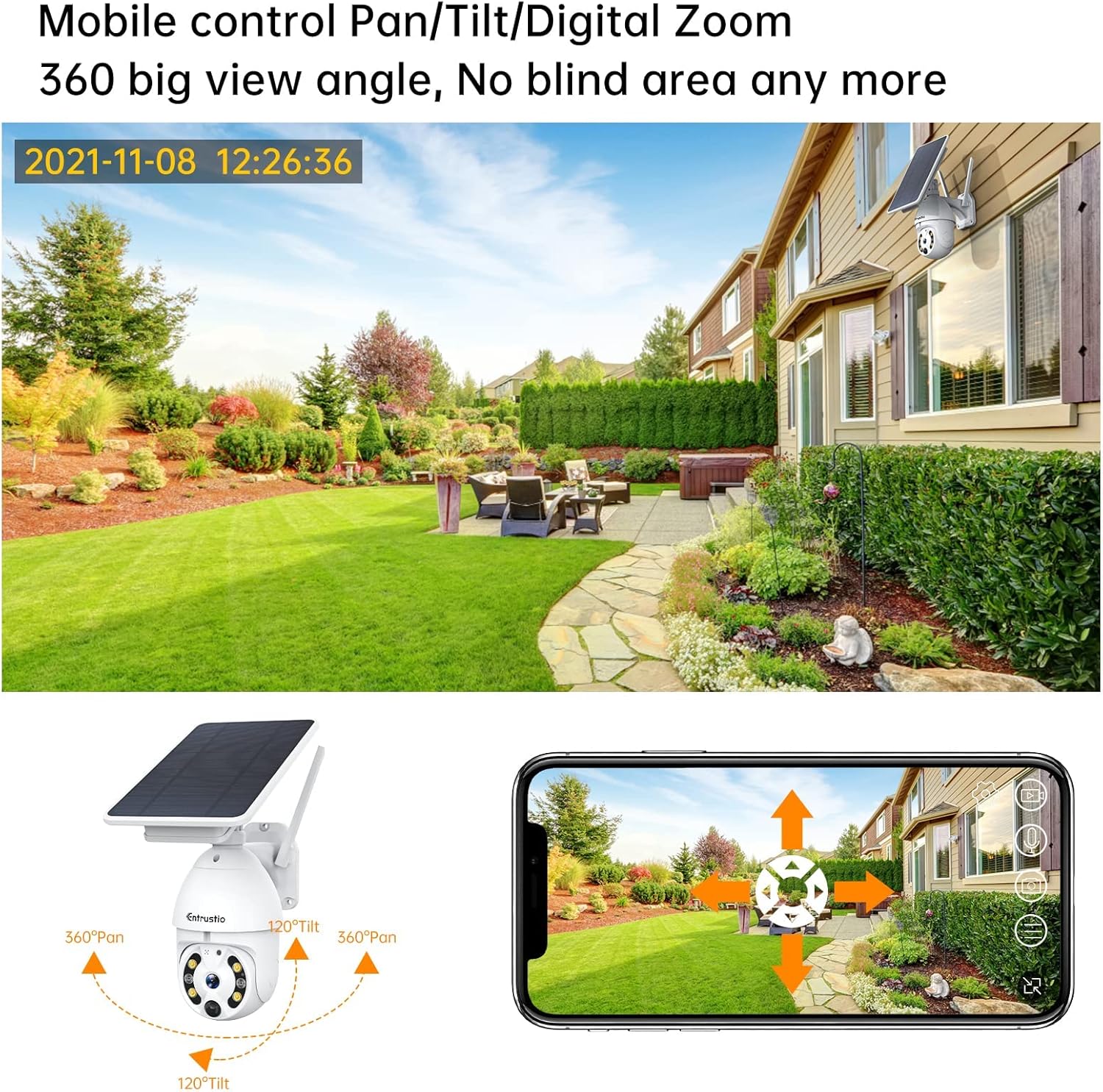 Solar Security Camera Wireless Outdoor 360° Pan Tilt PIR Motion Detection, WiFi Solar Powered Camera Home Security Wire-Free 365days Non-Stop, 2-Way Talk, Spotlight Color Night Vision IP66 Waterproof