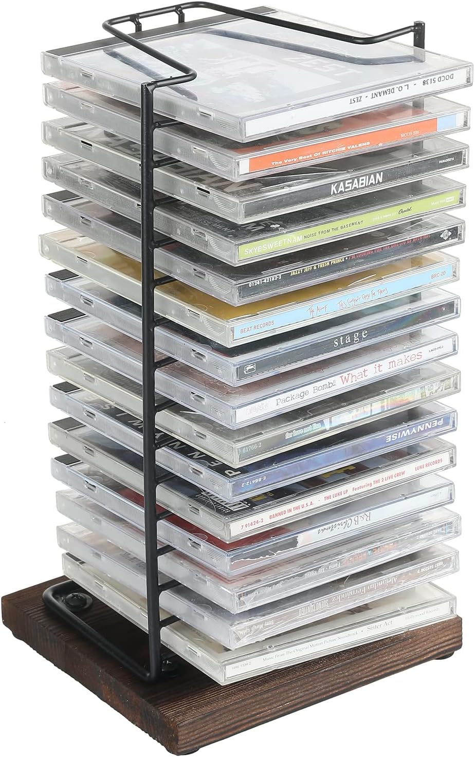 MyGift Matte Black Metal Wire Vertical Compact Disc Holder with and Burnt Wood Base, Tabletop Storage CD Display Rack, Holds 15 Jewel Cases