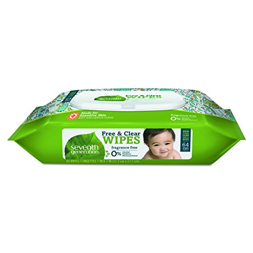 Seventh Generation 34208CT Free & Clear Baby Wipes, Unscented, White, 64 Wipes Per Pack (Case of 12 Packs)