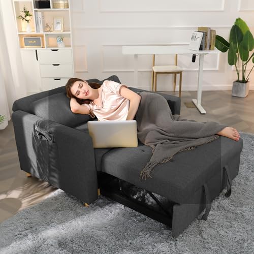 Sleeper Sofa, 3-in-1 Convertible Pull Out Couch Bed Futon Sofa, Linen Fabric Loveseat with 2 Pillows Adjustable Backrest, Chaise Lounge for Small Spaces Apartment Dorm, Sky Blue