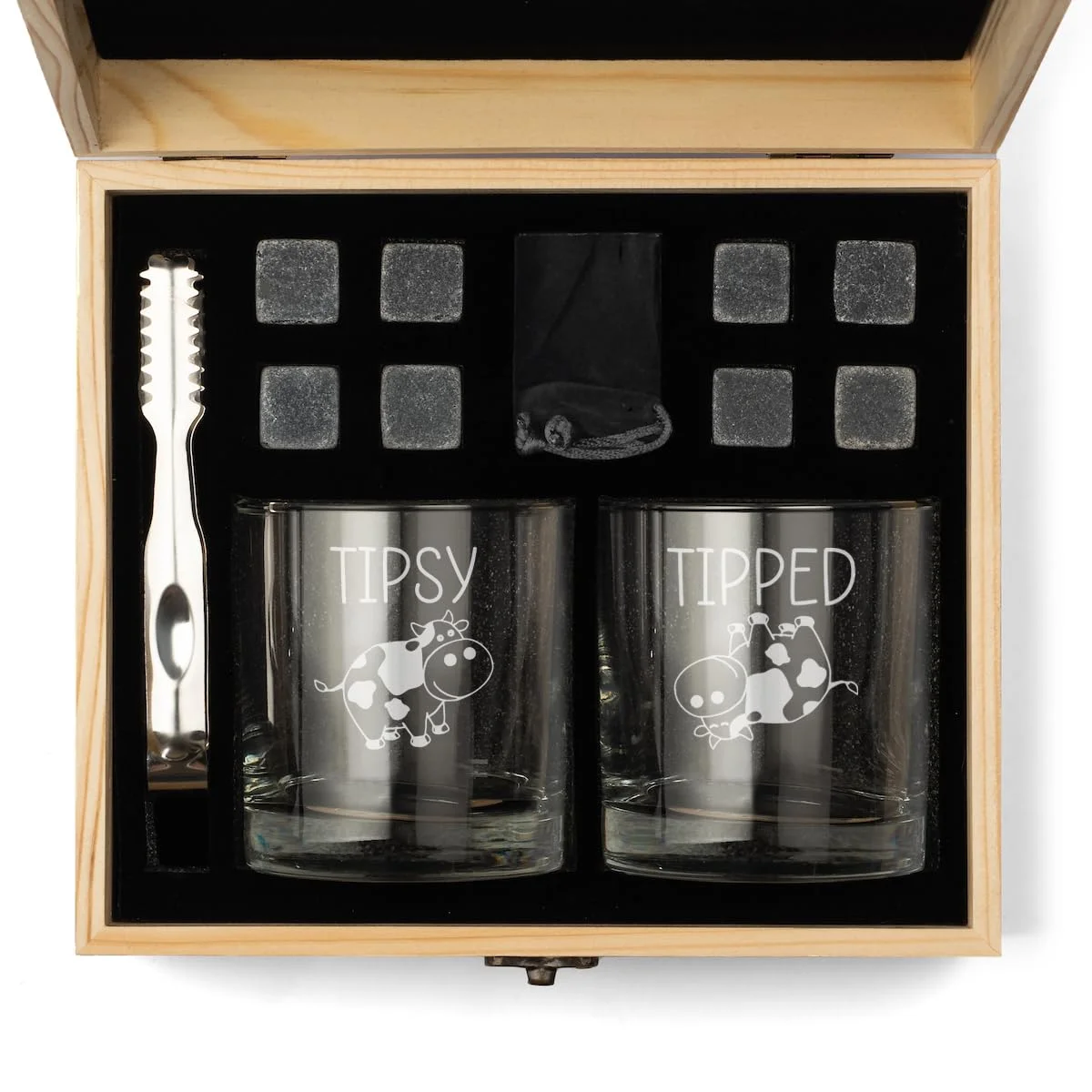 Whiskey Glass Gift Box Set with Whiskey Stones and 2 Rocks Glasses Set of 2 Tipsy Tipped Cow Funny