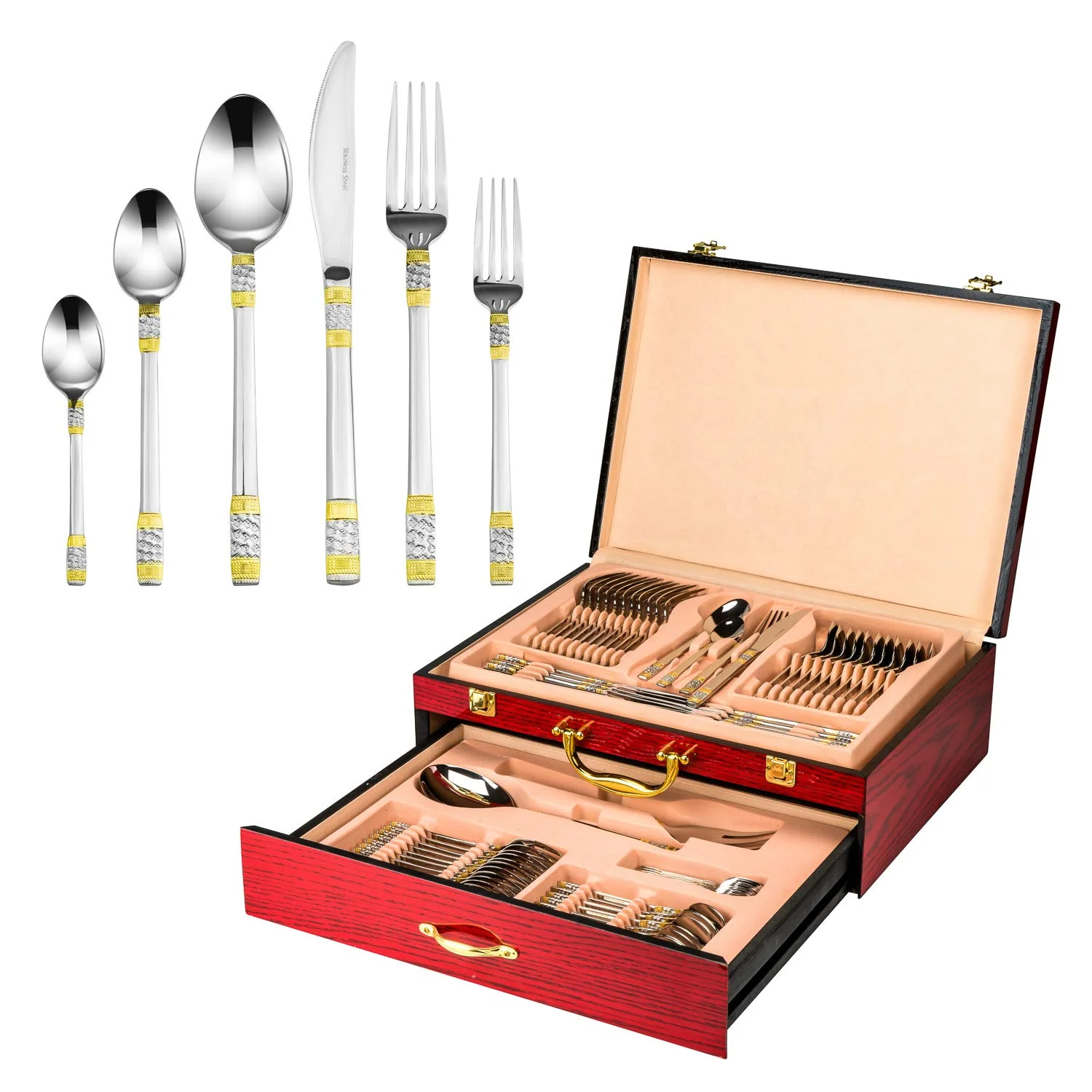 Florentia Collection 75-Piece Cutlery Set 'Principe' 24K Gold-Plated Service for 12, 18/10 Surgical Stainless Steel Flatware Silverware Cutlery with Hostess Set Cherry Color Wood Storage Case