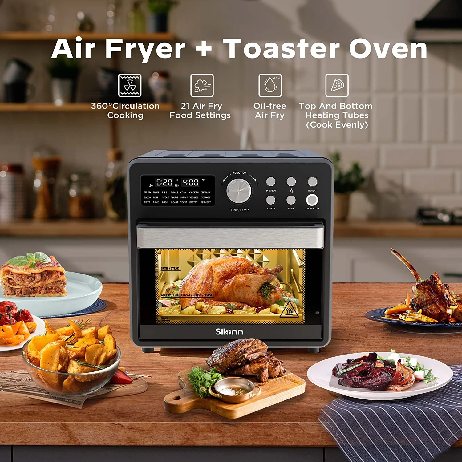 16 Quart Air Fryer 21-in-1 Air Fryer Toaster Oven Combo with Recipe, 1600W, Black