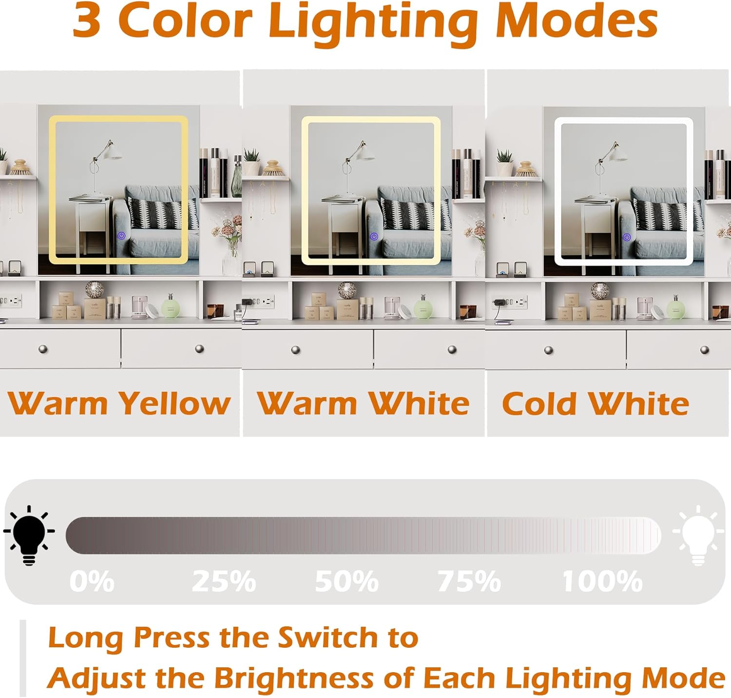 Vanity Set with Mirror and Stool and Lights, Small Makeup Vanity Desk with Fold-Up Panel, Adjustable 3 LED Lighting Colors, White Dressing Table with Open Shelves for Bedroom