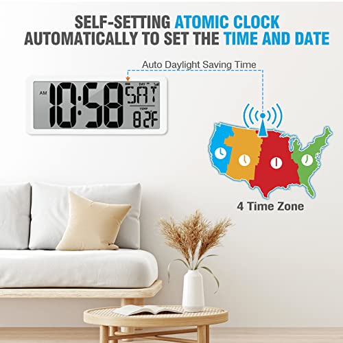 Digital Atomic Clock Never Needs Setting, 14.2’’ Wall Clock Auto Backlight, Large Display Clock Battery Operated with Temp, Date,Timer, DST, for Living Room, Bedroom, Classroom White
