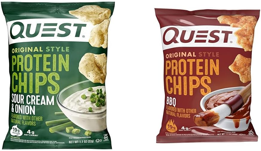 Quest Nutrition Protein Chips, Sour Cream & Onion, High Protein, Low Carb, Pack of 12 & Protein Chips, BBQ, High Protein, Low Carb, 1.1 Ounce (Pack of 12)