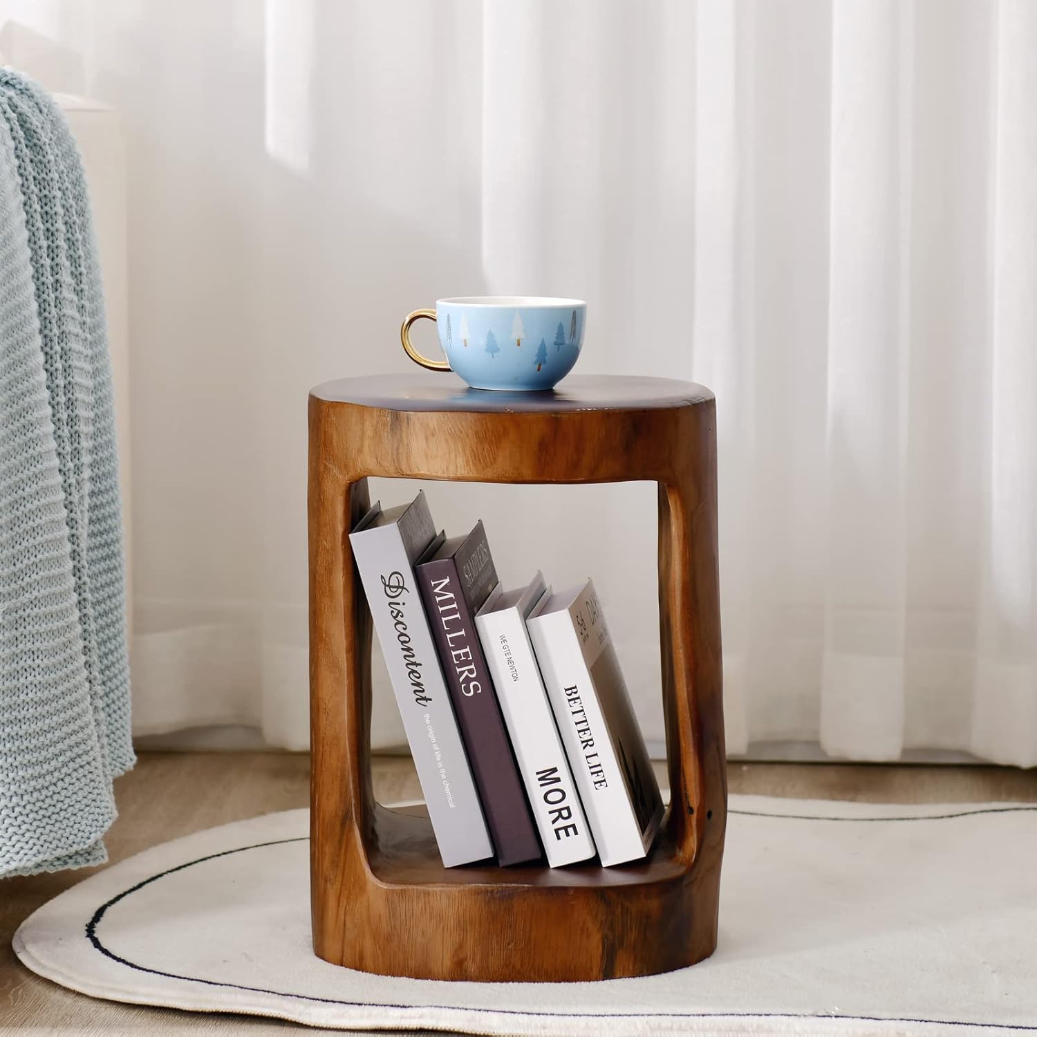 Tree Stump Stool, Teak Live Edge Side Table,Plant Holder, Tree Accent Table, Round Wood End Table,Nightstand, 16