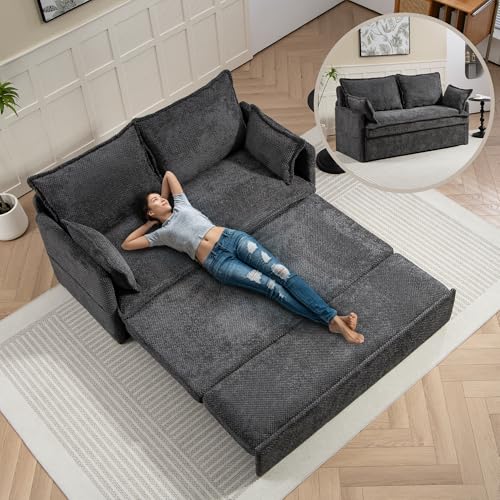 Queen Size Pull Out Couch Sleeper Sofa Bed, 3-in-1 Convertible Futon Couch for Living Room with Storage Pockets & Arm Pillows, Modern Corduroy Sofa Bed(Green)