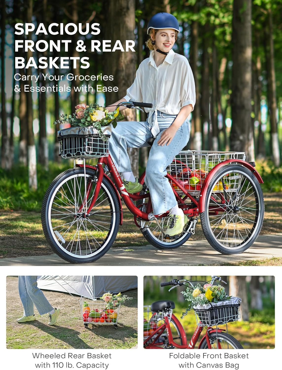 Viribus Adult Tricycle, 7 Speed Tricycle for Adults with Front & Rear Removable Wheeled Baskets, 3 Wheel Bikes for Adults 24 or 26 in, Adult Tricycles for Women Men, Adults Trike 400 lb. Berry Red