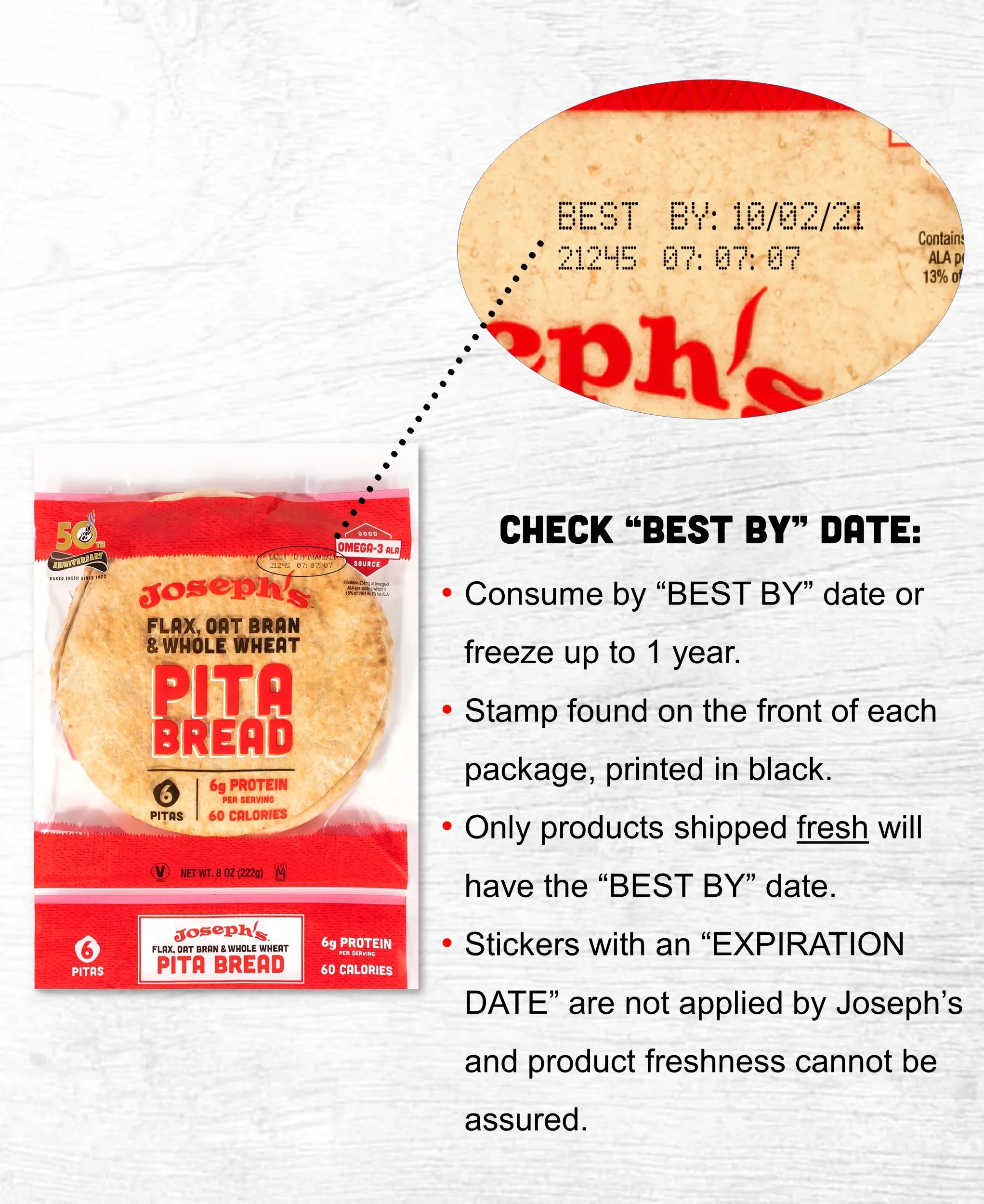Josephs Low Net Carb Flax Pita Bread, 8 oz, 3 Pack, 18 Count