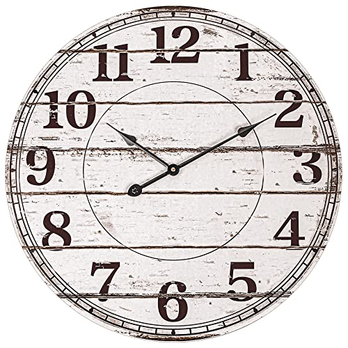 BEW 24 Inch Large Wall Clocks for Living Room Decor, Silent Battery Operated Wall Clock, White Rustic Country Farmhouse Shiplap Round Wooden Wall Clock