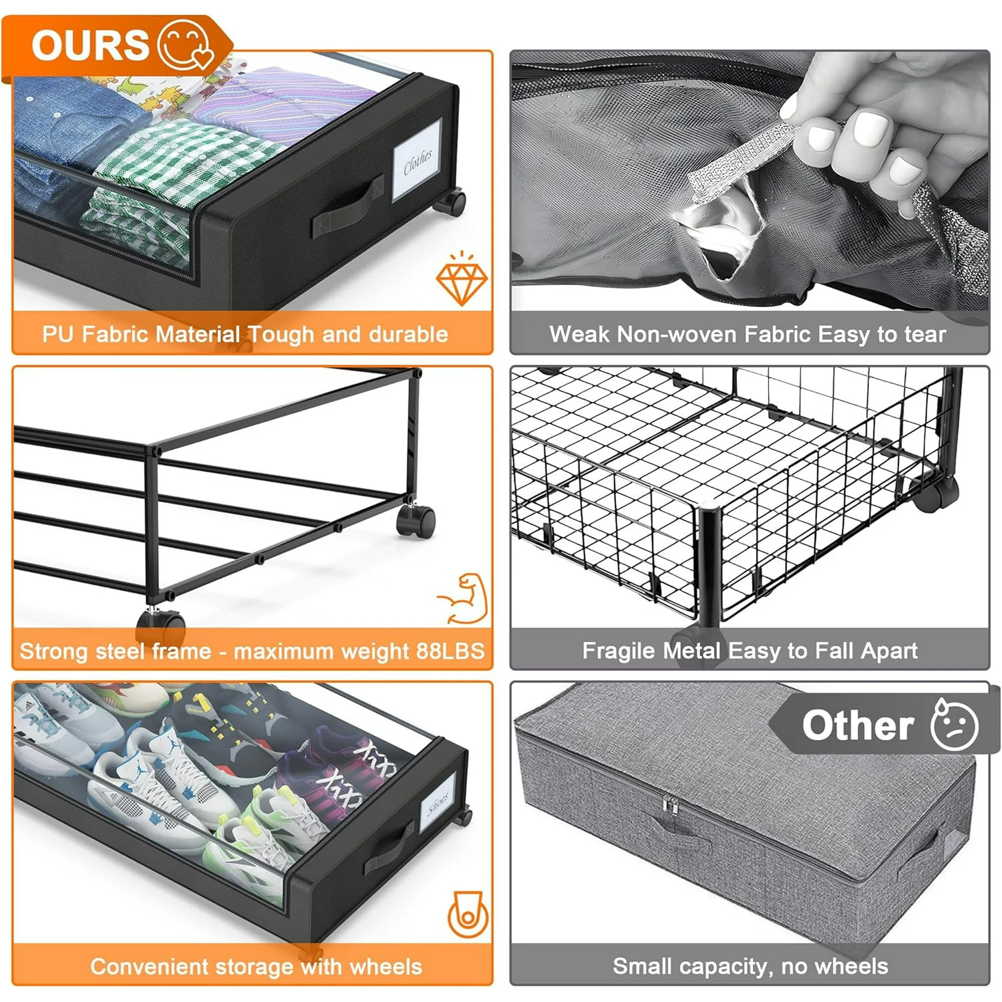 Under Bed Storage with Wheels, 2-Pack Under Bed Storage Containers with Clear Lids, XXL 60L Under the bed storage Organizer Bins, Rolling Under Bed Metal Drawer for Clothes,Shoes,Toys (Black, 2 Pack)