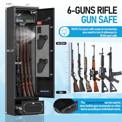 6 Gun Safe,Gun Safe for Rifles and Pistols,Gun Cabinet for Rifles and Shotguns with Drawer,Electronic Rifle Safe,Gun Safes & Cabinets with LED Light, Removable Shelf and Gun Rack (6-gun safe)