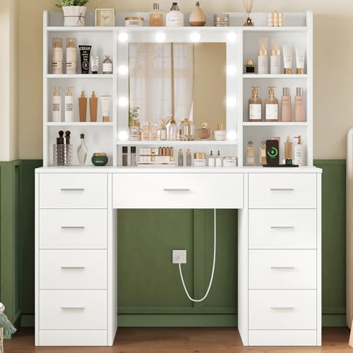 Vanity Desk with Mirror and Lights, Power Outlet, Makeup Vanity with 9 Drawers & 6 Open Storage Shelves, 3 Lighting Modes Brightness Adjustable, White