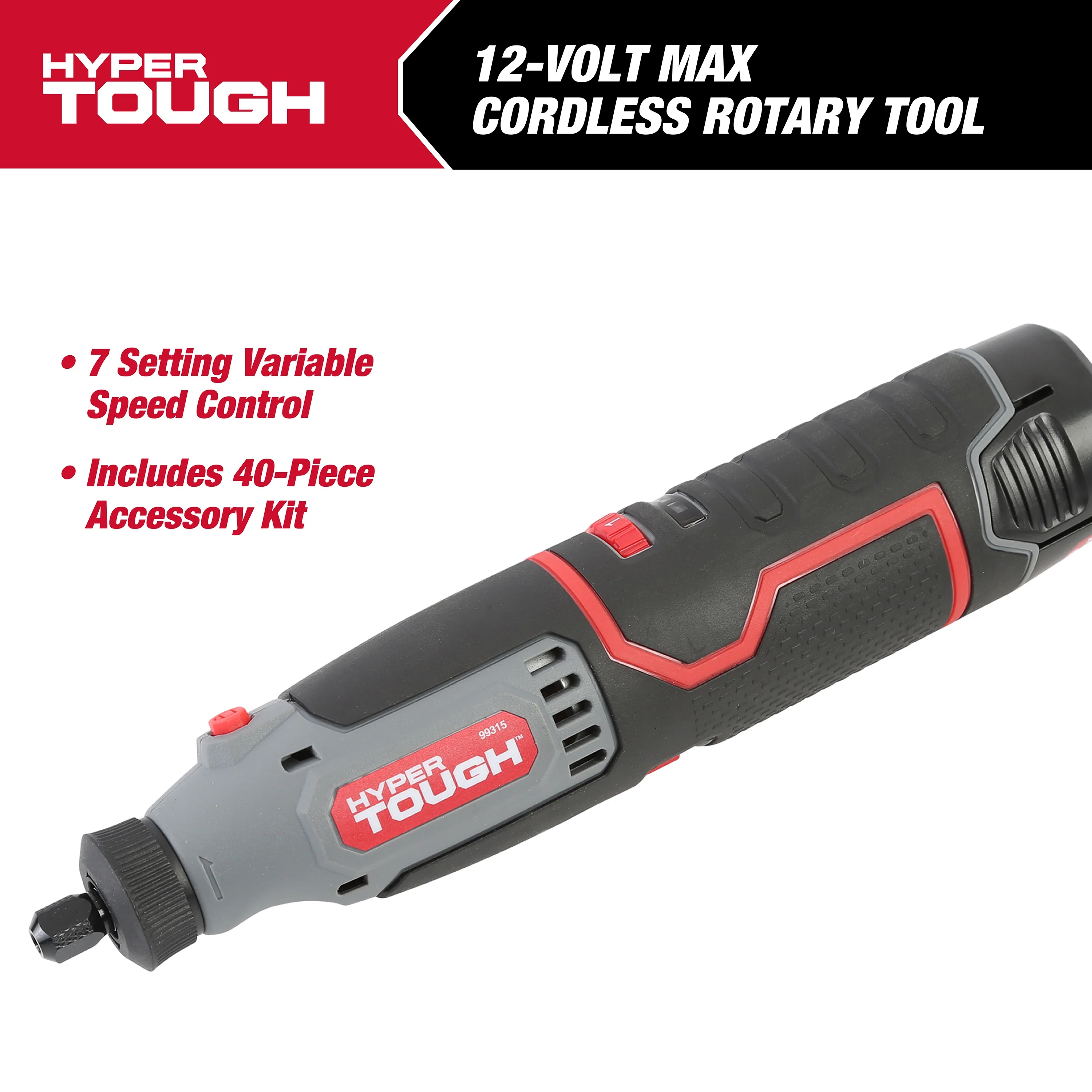 Hyper Tough 12V Max* Lithium-Ion Cordless Variable Speed Rotary Tool, 40 Accessories, with 1.5Ah Battery and Charger, 99315