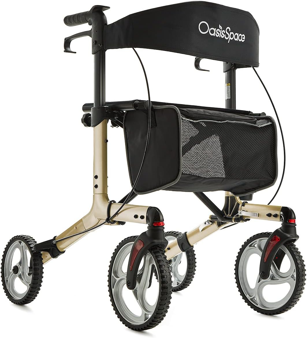 OasisSpace Aluminum Rollator Walker with Seat, with 10'' Wheels and Seat Compact Folding Design Lightweight Baking Complimentary Carry Bag