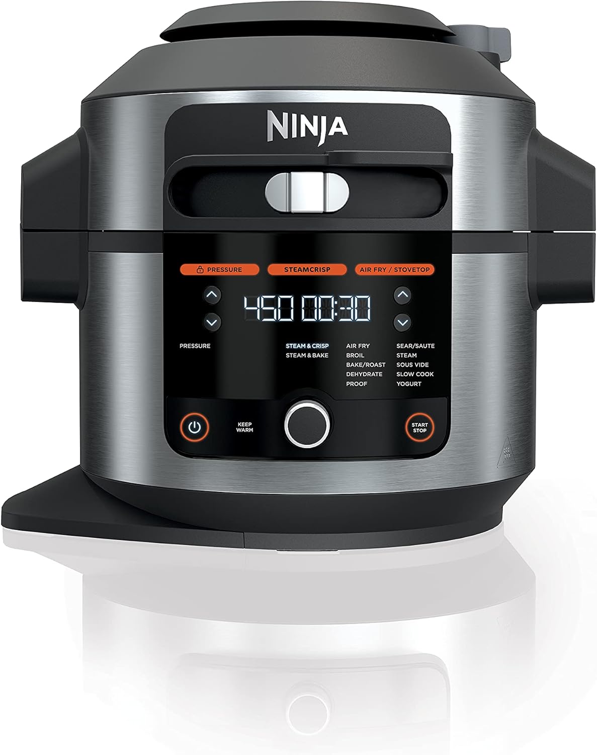 Ninja OL701 Foodi 14-in-1 SMART XL 8 Qt. Pressure Cooker Steam Fryer with SmartLid & Thermometer + Auto-Steam Release, that Air Fries, Proofs & More, 3-Layer Capacity, 5 Qt. Crisp Basket, Silver/Black