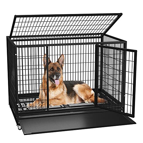 54/48/42/38 inch Heavy Duty Indestructible and Escape-Proof Dog Crate Cage Kennel for Large Dogs, High Anxiety Dog Crate with Removable Wire Trays and Wheels, Extra Large XL XXL