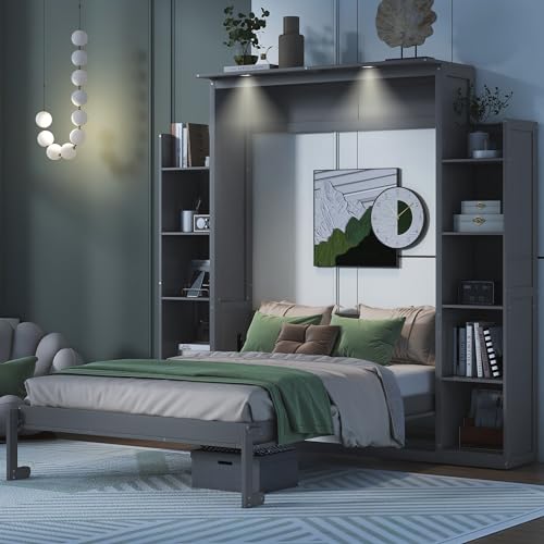 CITYLIGHT Full Size Murphy Bed with Storage Shelves and LED Lights, Easy Fold Wood Wall Bed, Space-saving Murphy Bed Cabinet for Guest Room Home Office, Grey