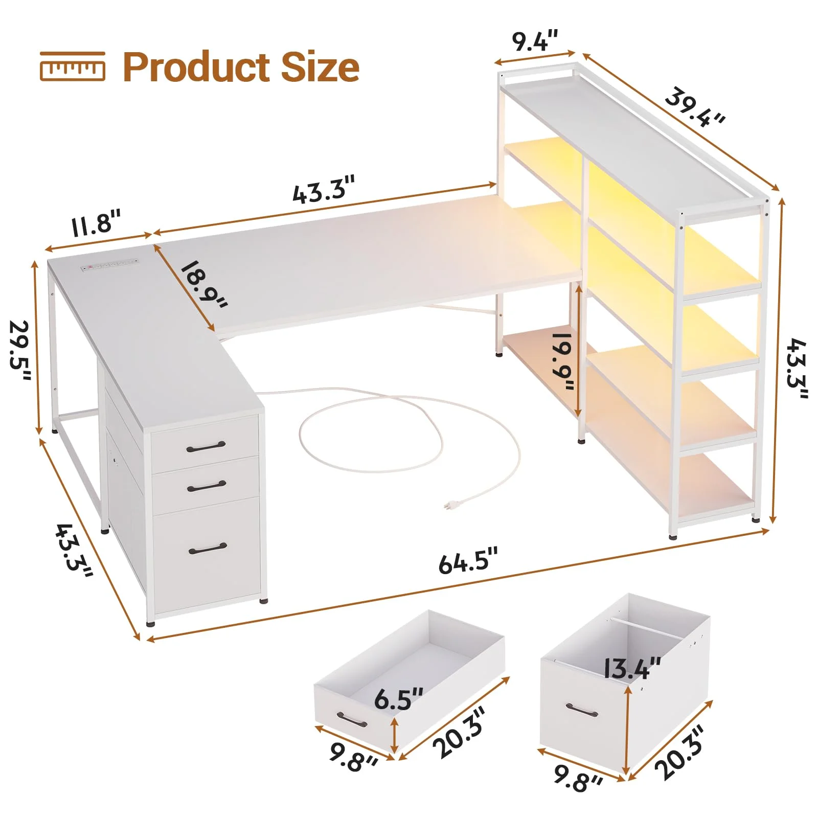 Afuhokles L Shaped Computer Desk, U Shaped Reversible Corner Desk with Power Outlet and Storage Shelves, Gaming Desk with LED Lights, 3 Fabric Drawers, White
