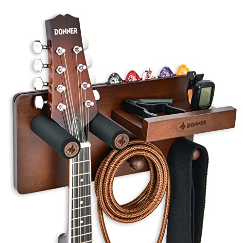 Donner Guitar Wall Mount Shelf, Guitar Wall Hanger with Pick Holder and 2 Hooks, Wood Guitar Rack for Acoustic, Electric, Bass, Ukulele and Guitar Accessories