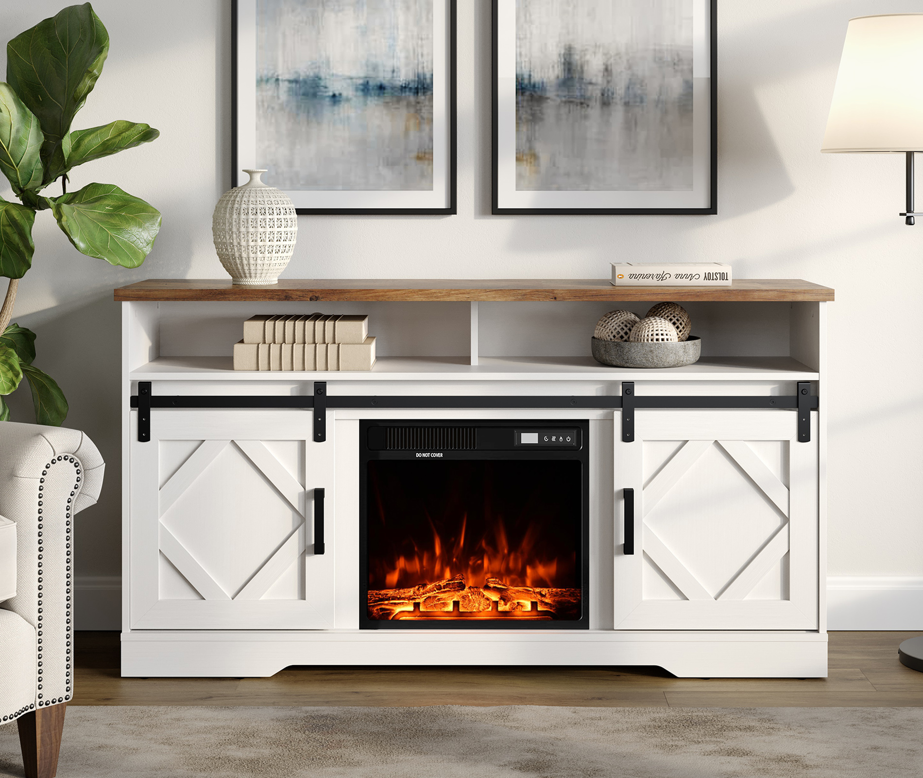 Fireplace TV Stand for TVs Up to 65 Inch, Farmhouse Wood Electric Fireplace TV Console, Entertainment Center with Storage, Sliding Barn Door, 2 Heating Mode, 5 Brightness for Living Room, White