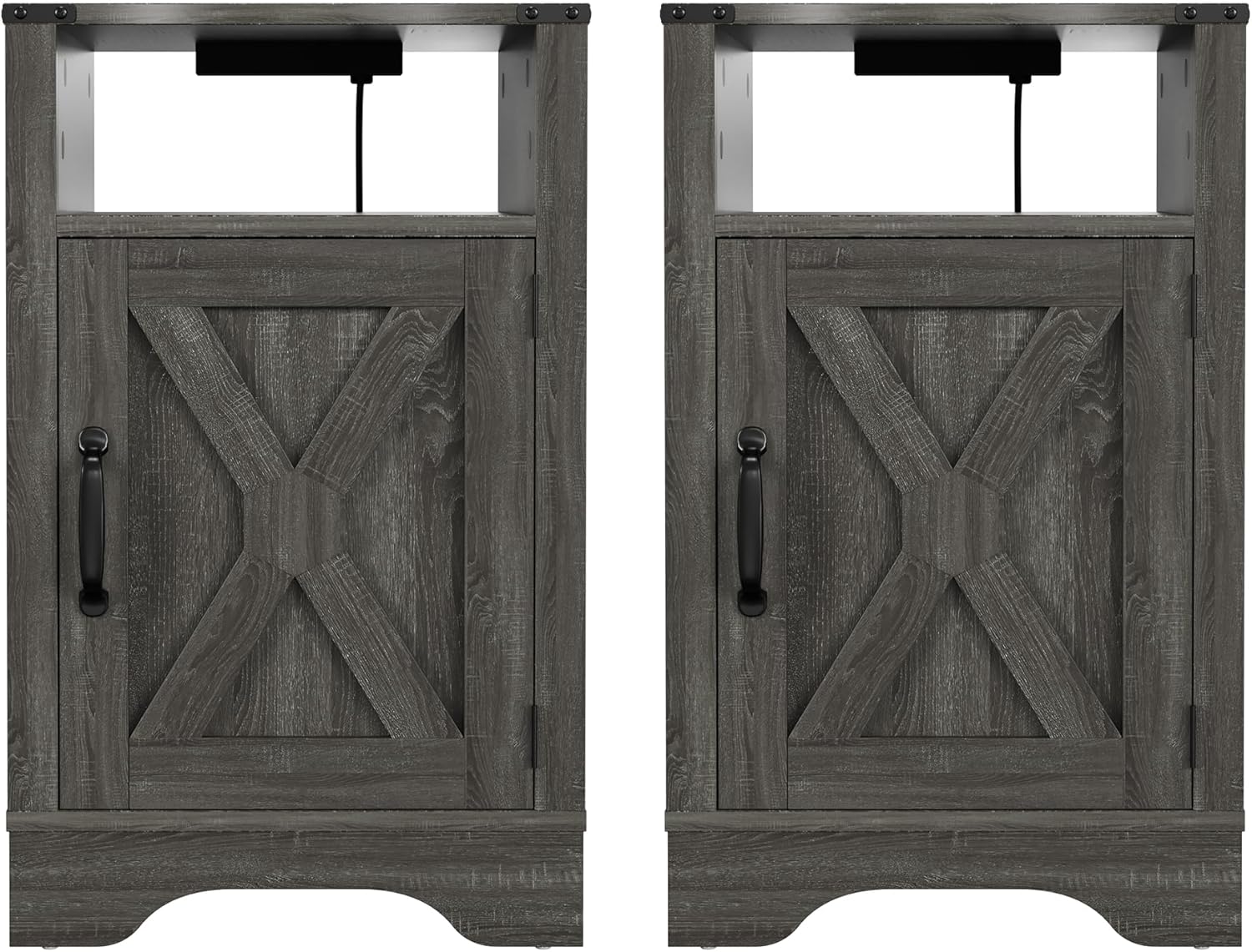 Farmhouse Nightstand Side Table, Wooden Rustic End Table, Tall Bedside Table with Electrical Outlets Charging Station (2 Sets) - Dark Gray