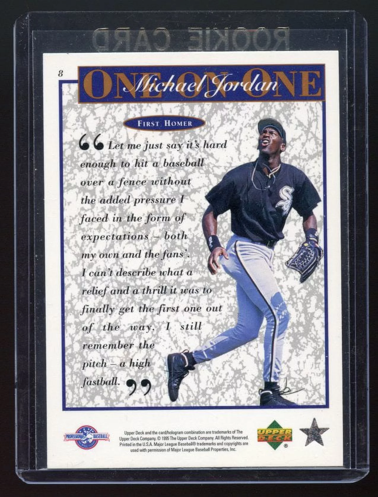 1995 Upper Deck #8 One on One Michael Jordan First Homer White Sox Rookie Card