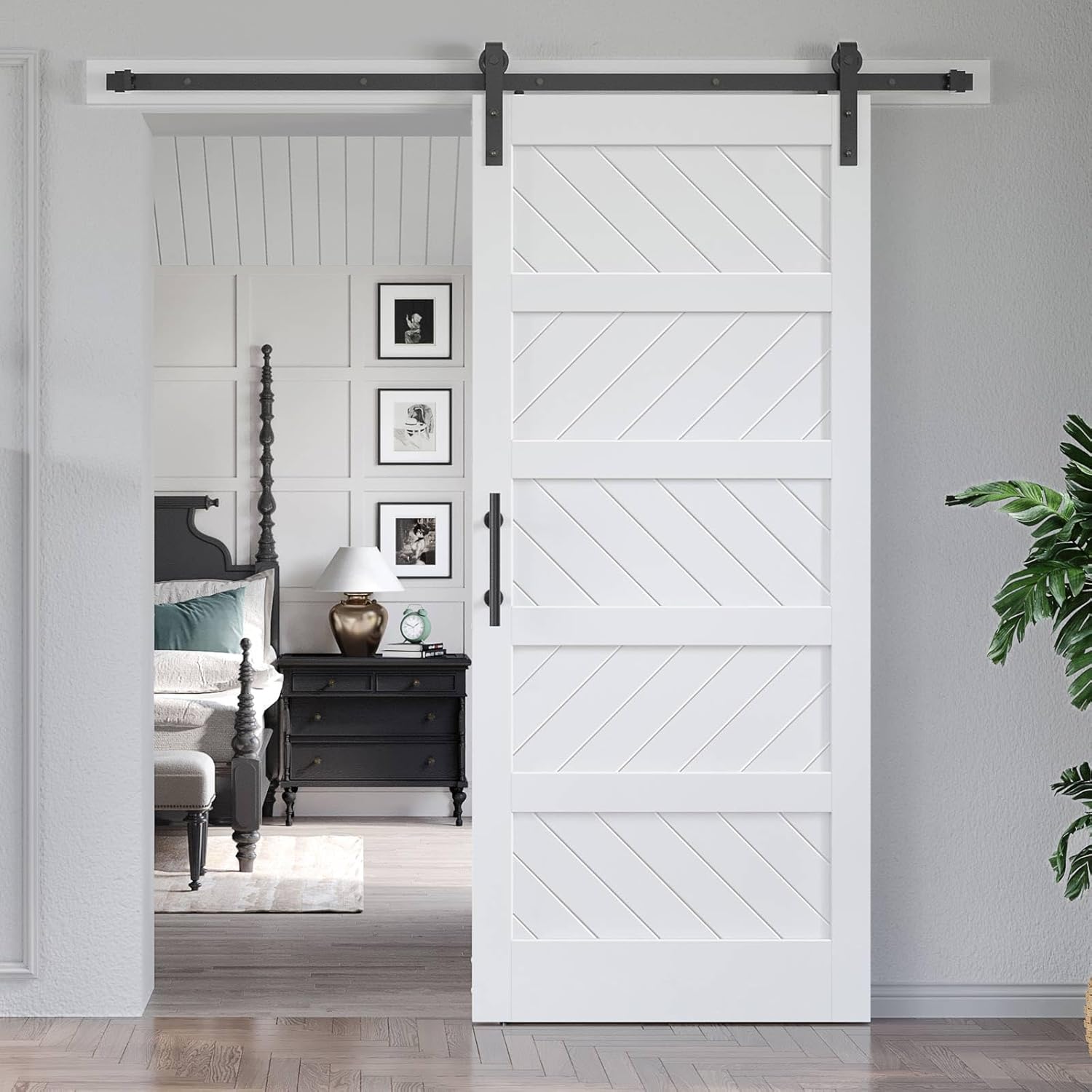 EaseLife 36in x 84in White Barn Door with 6.6 FT Sliding Door Hardware Track Kit Included,Solid MDF Wood Slab Covered with Water-Proof & Scratch-Resistant PVC Surface,DIY Assembly,Easy Install,5-Panel