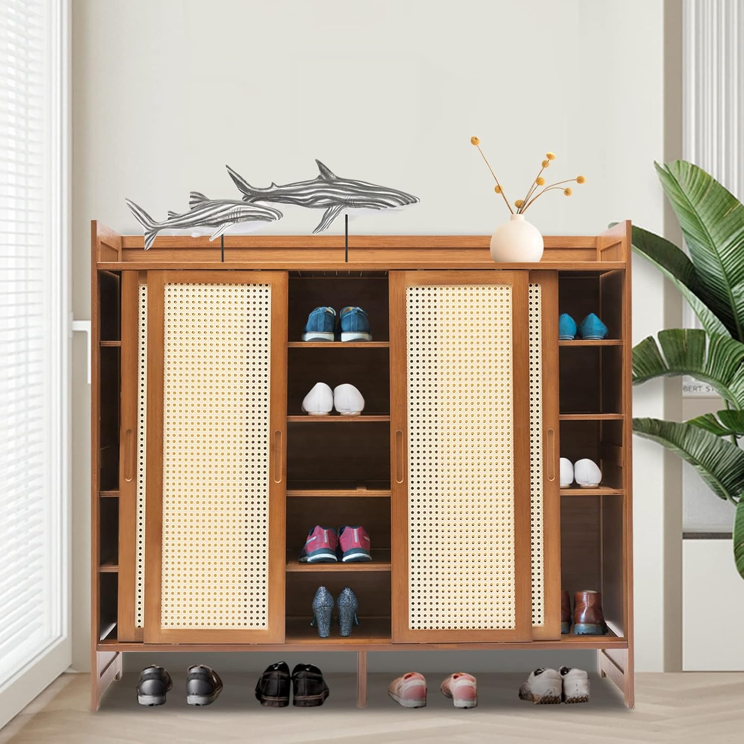 6 Tier Shoe Cabinet Storage with Grid Doors for Entryway Natural Bamboo Shoe Cabinet Shoe Rack Shoe Organizer Space Saving Shoe Storage Bench for Entryway and Hallway (Brown)